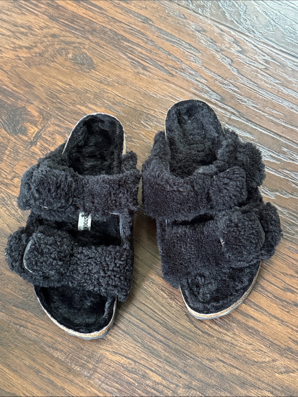 Birkenstock Black Shearling Two-Strap Slide Sandals